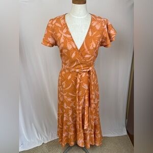 New Women's Floral Print Ruffle Short Sleeve Wrap Dress - Orange size small